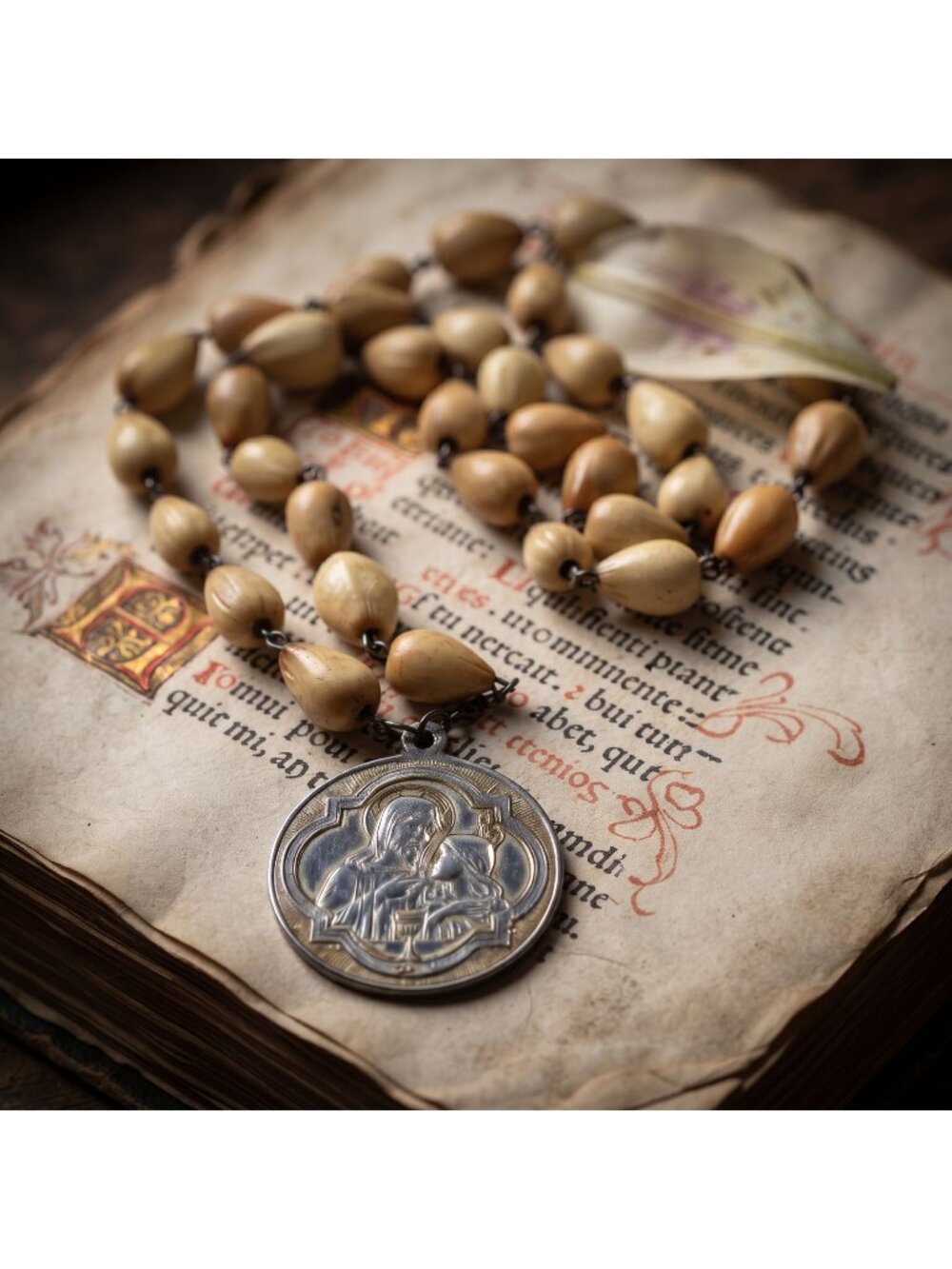 Vintage Job’s Tears Rosary Chaplet, Blessed Sacrament Indulgence Medal, 10"